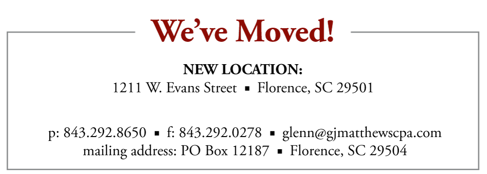 We have moved to 1211 West Evans Street, Florence, SC 29501